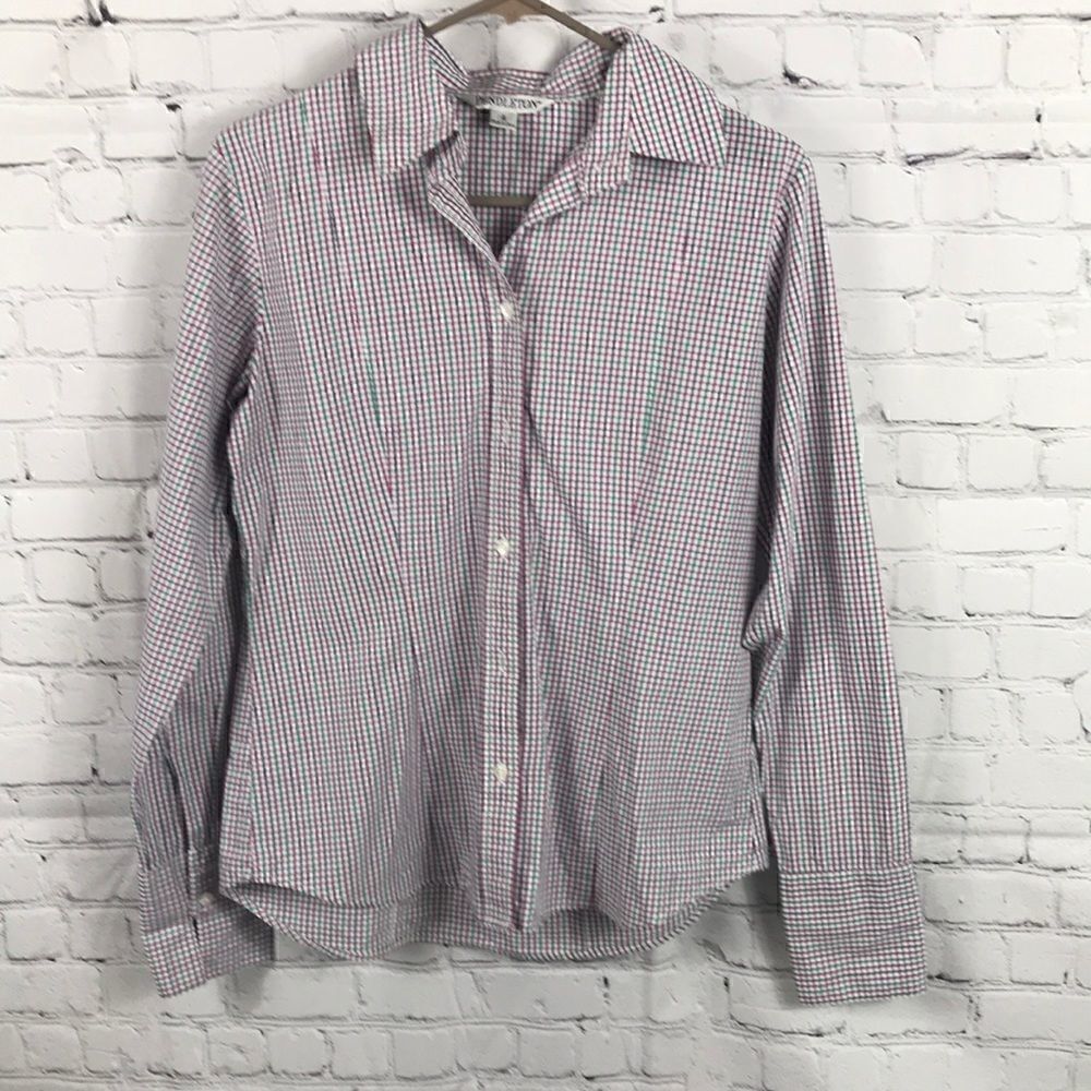 Pendleton Button Down Long Sleeve cotton Shirt Green blue pink white cuffs Sz 6